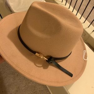 Cognac colored felt hat with gold hardware